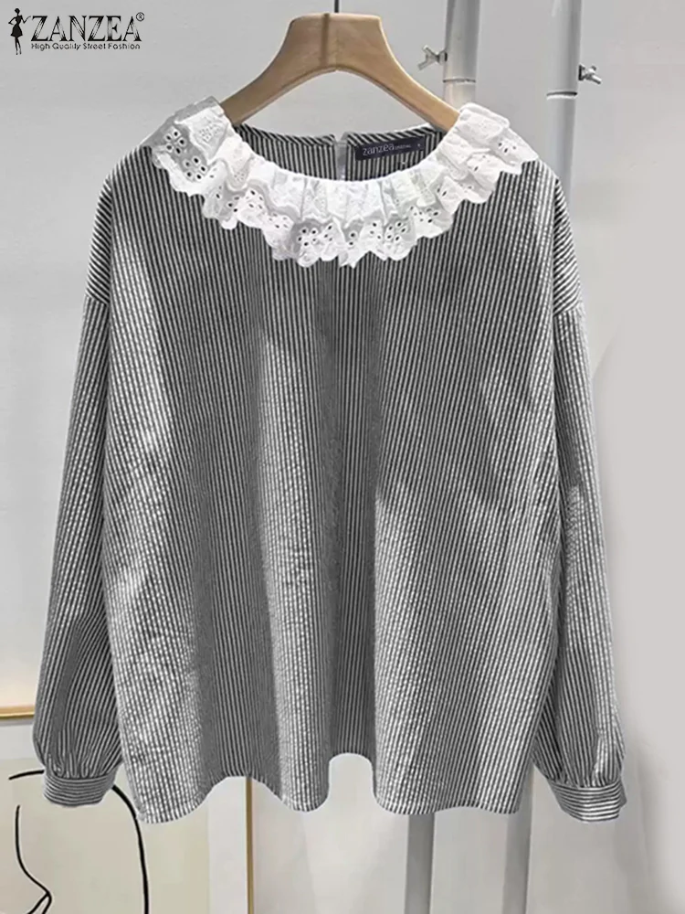 ZANZEA осенние винтажные кружевные рубашки с длинными рукавами женская лоскутная