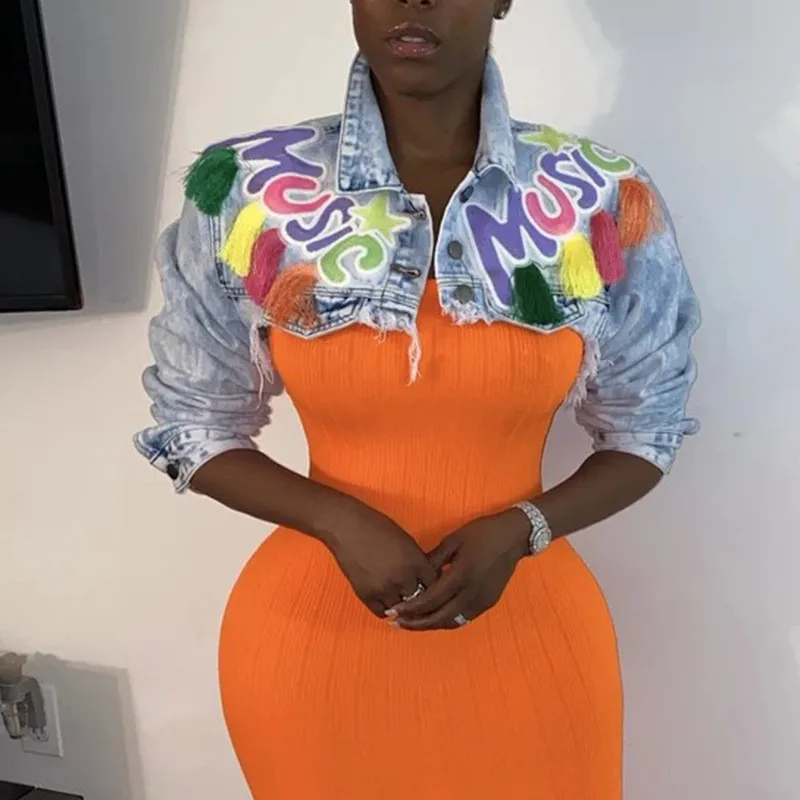 

Пикантная рваная укороченная джинсовая куртка с бахромой, Женская Осенняя джинсовая куртка с длинным рукавом, уличная одежда, короткая жен...