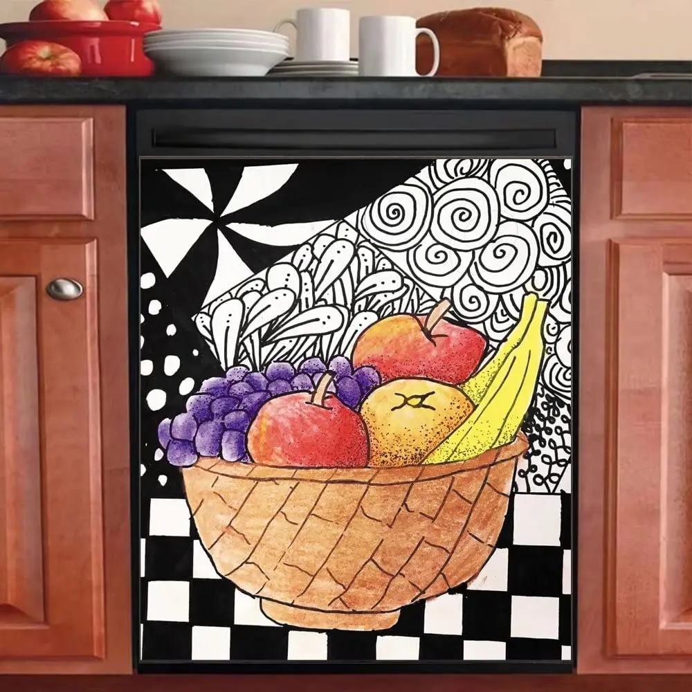 

Hand Drawn Fruit Dishwasher Magentic Cover, Kitchen Decorate Self Adhesive Magnet Refrigerator Decal, Home Appliances Decorative