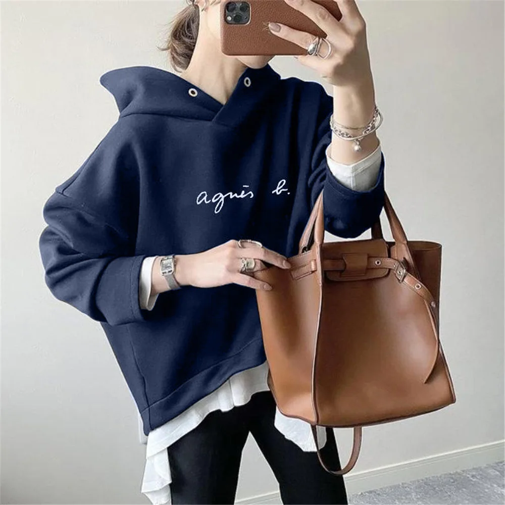 

Print Letter Mid-Length Women's Hoodie Hooded Korean Fashion Pullover 2022 Spring New Regular Simple Ladies Top Female Hoodied