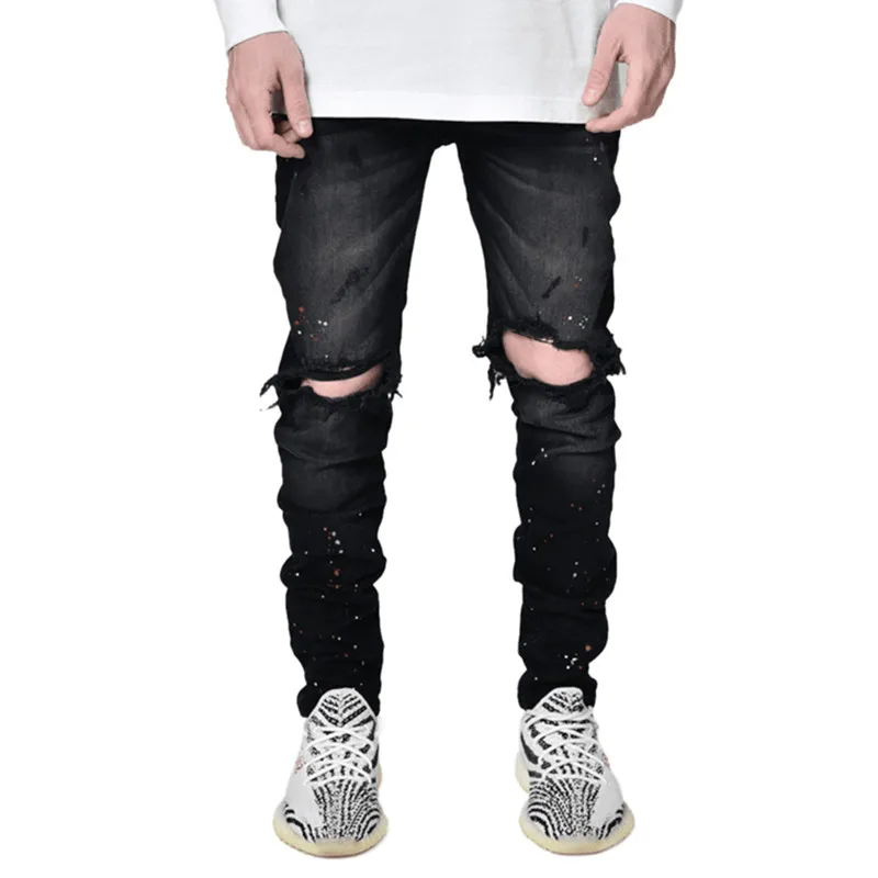 2022 New Men's Slim Jeans Hipster Knee Hole Paint Pencil Pants Autumn Ripped Jeans Full Length Streetwear Men Denim Pants