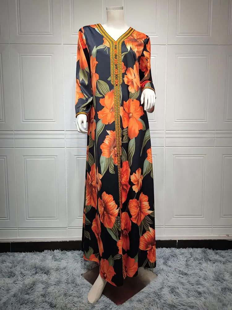 Braided Trim Dress Floral Abaya Women Muslim Arabic Long Dresses Saudi Gulf Robe Black Orange Dubai Modest Abayas Jalabiya