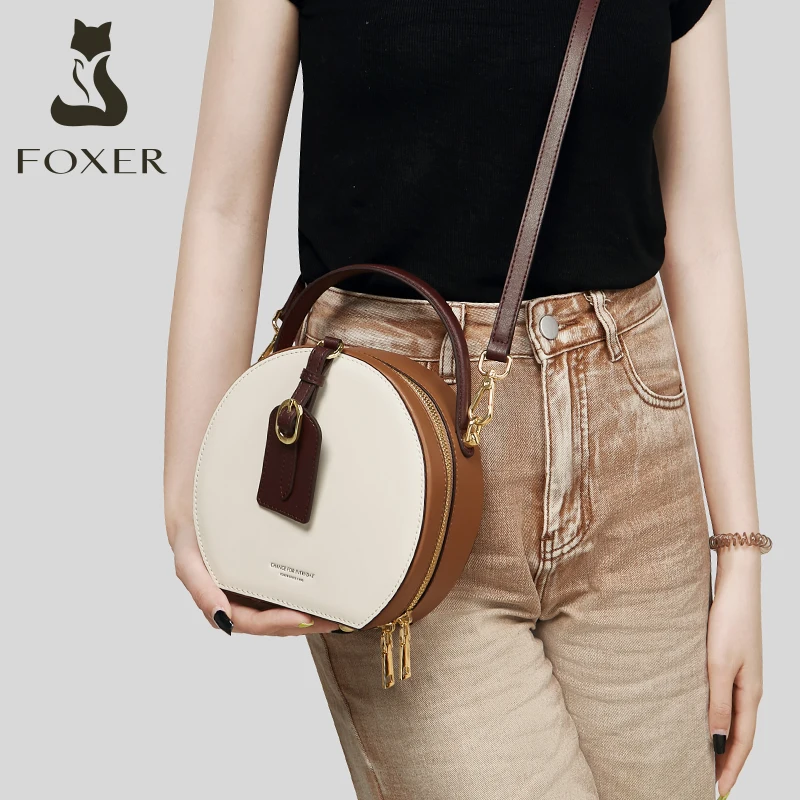 FOXER Female Stylish Round Crossbody Bag Split Leather Shoulder Bag Lady Design Circular Messenger Zipper Women's Small Handbags