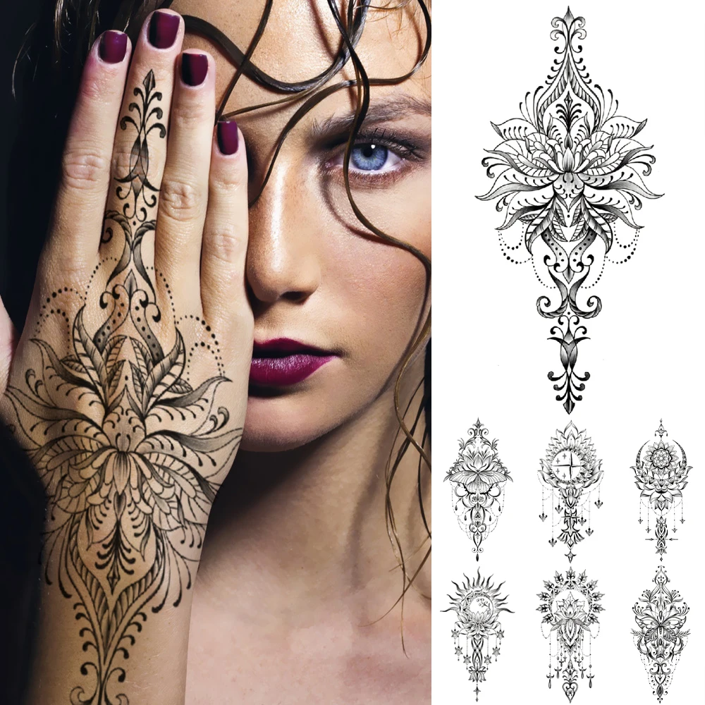 

Indian Henna Hand Painted Transfer Waterproof Temporary Tattoo Sticker Moon Lotus Mandala Chain Body Art Fake Tattoos Women Men