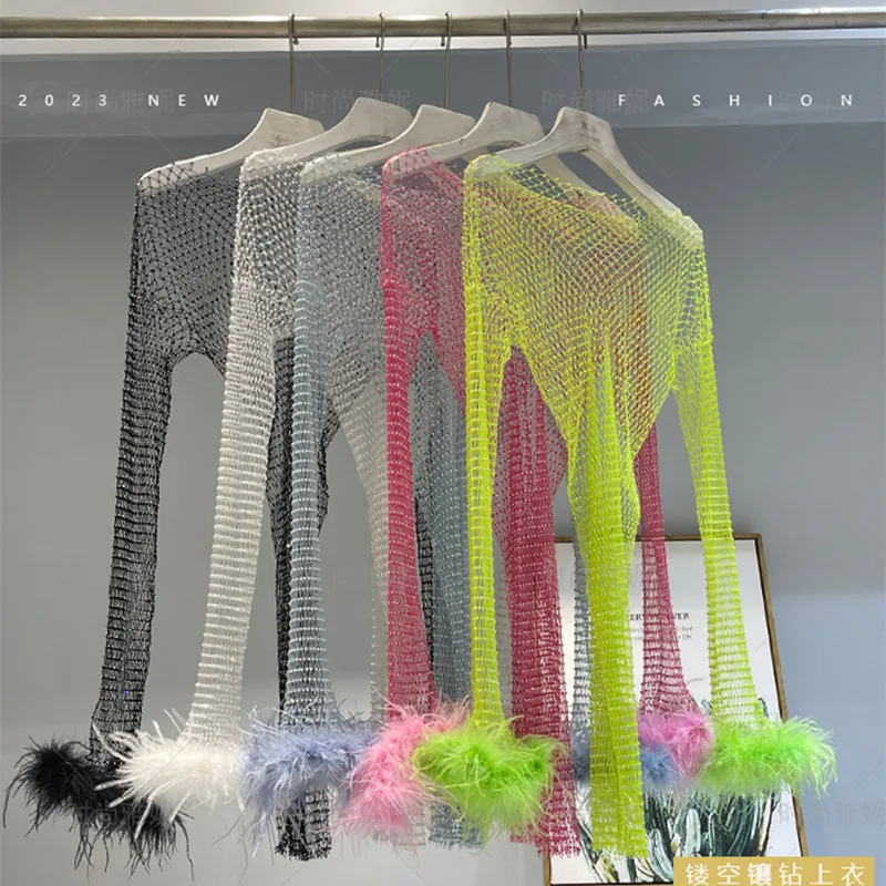 

Летнее сексуальное блестящее Сетчатое платье с перьями, женское платье с длинным рукавом, ажурное прозрачное вечернее платье с бриллиантами