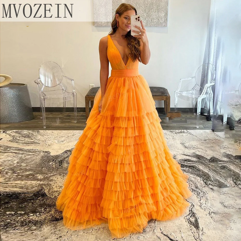 

Orange Tiered Evening Dress Long Tulle Prom Dress 2022 V-Neck Party Gown Christmas Party Dress Formal Prom Gowns robe de soirée