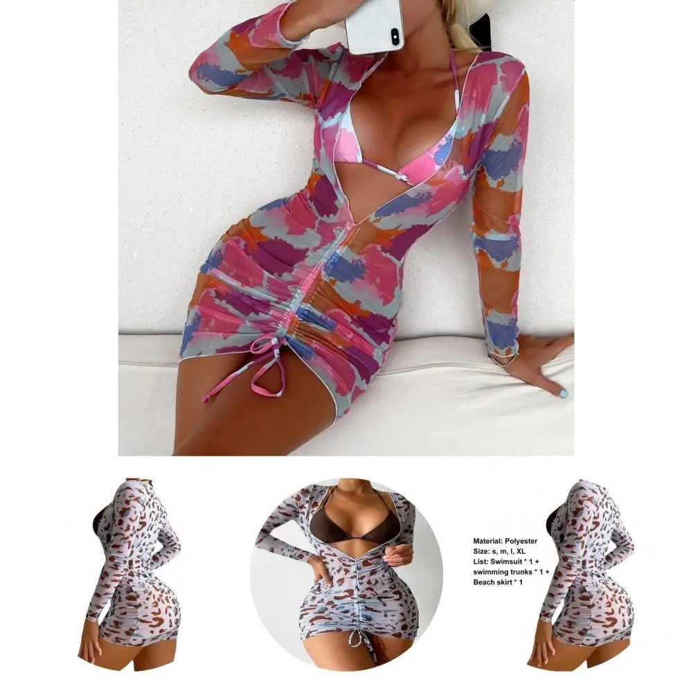 

3Pcs/Set Stylish Bathing Suit Lightweight Camouflage Bikini Set Leopard Print Dress Swimwear