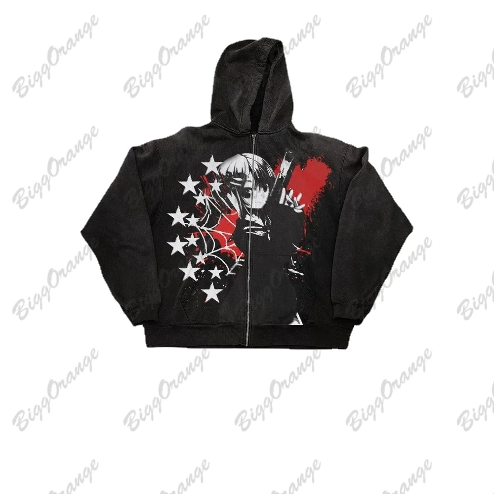 

Oversize Zipper Hoodie for Girls, Casual Harajuku Fashion, Anime Pullovers with Guns Print, Goth Clothing, Gothic Y2k