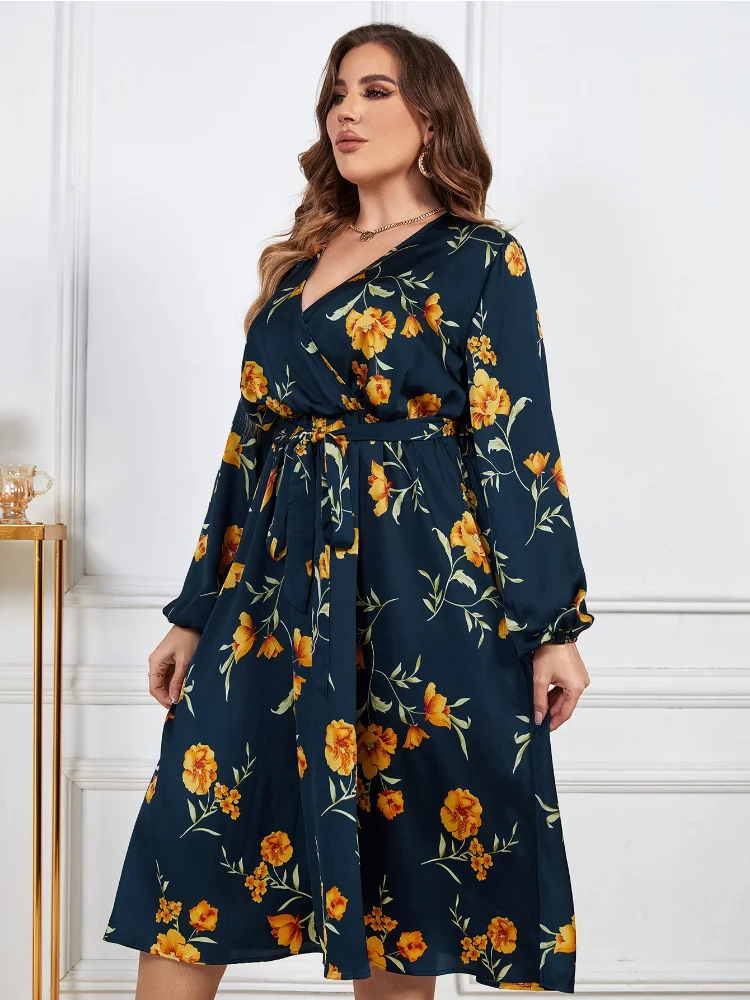 Printed loose temperament slim V-neck high waist long sleeve dress plus size women clothing party dresses