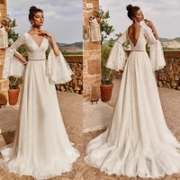 boho chiffon flare sleeve wedding dress 2022 a line fashion lace v neck bride gown for bride illlusion backless vestido de novia