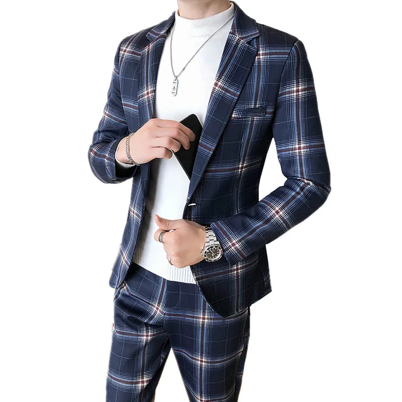 Men Blazers Formal Plaid Suits Pants 2 Piece Set Male Tuxedos Slim Fit Business Casual Wedding Groom Jacket Coat Trousers