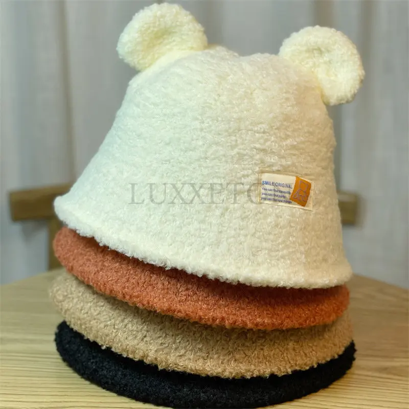 

Fashion Autumn and Winter Bucket Hat Bear Earball Plush Fisherman's Hat Soft Warm Thick Basin Protective Bucket Hat Fashion