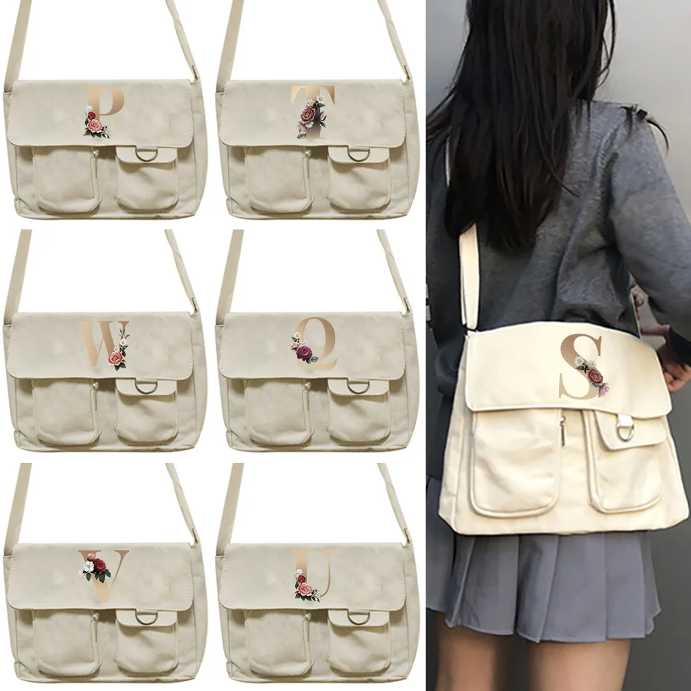 Messenger Bag Japanese Handbag School Korean Single Shoulder Girl Student Gold Letter Style Retro Large Capacity Postman Women's