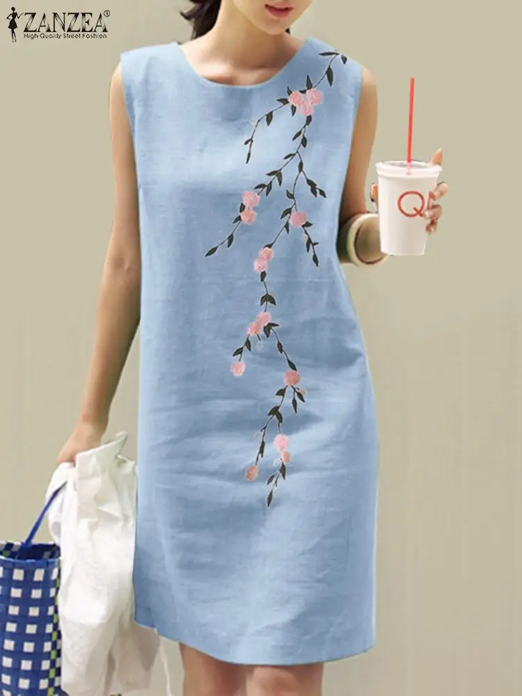 

ZANZEA Summer Sleeveless Sundress Women's Embroidery Dress Causal O Neck Floral Printed Dresses Loose Work Vestido Robe Femme