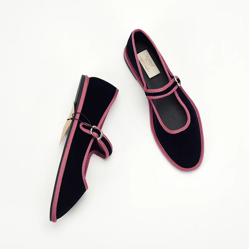 Босоножки женские бархатные с круглым носком винтажные балетки бордового