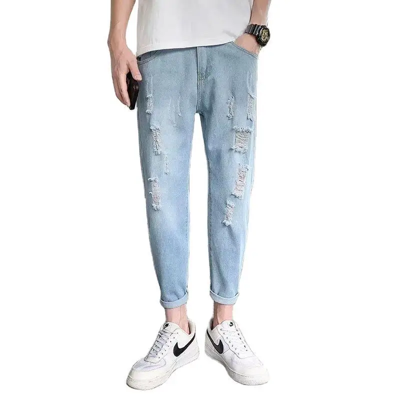 

Spring And Summer 2022 Teenagers Men's Fashion Trend Personality Ankle Length Pants Student Straight Cowboy Washed Ripped Jean
