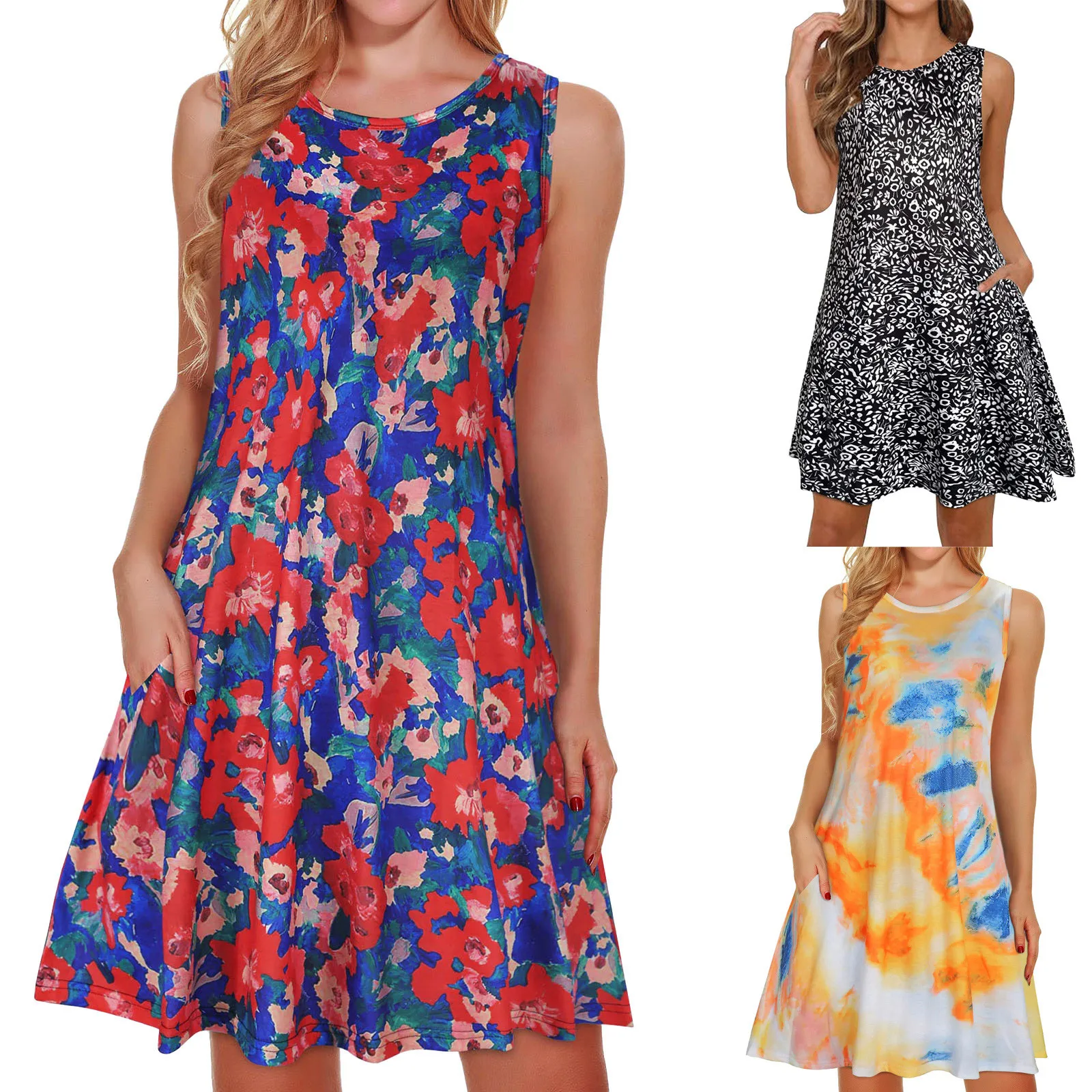 

Vintage Flroal Printed Summer Dress Women Beach Sundress 2022 Casual Sleeveless Knee Length Vestidos Female Pockets Femme Robe