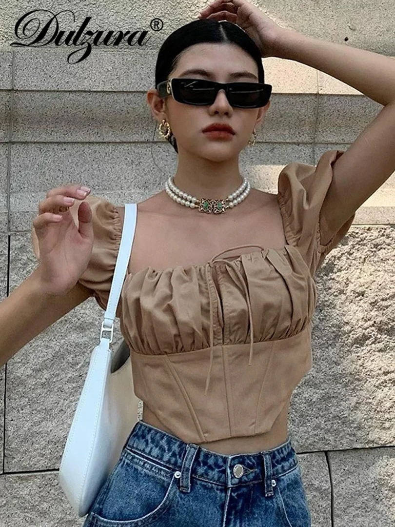 

Dulzura 2022 Summer Women Ruffle Short Sleeve Ruched Corset Crop Top Shirts Lace Up Hollow Out Party Elegant Streetwear Clothes