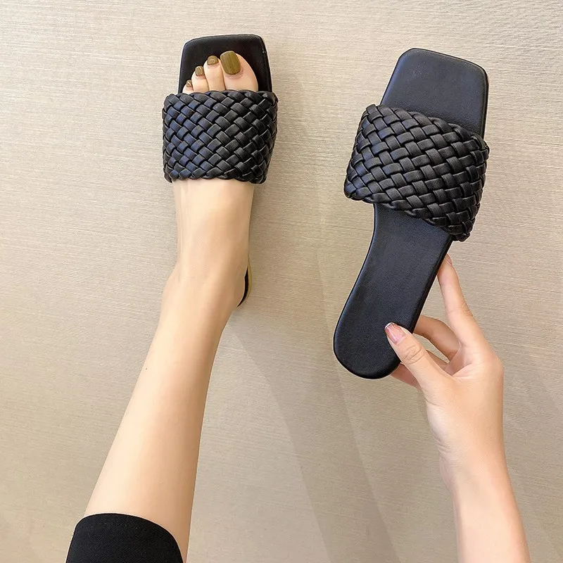 

Women Square Toe Flat Slippers Beach Sandals Women's Casual Flip Flops Woman Weave Shoes Ladies Female Slides Fashion Slipper