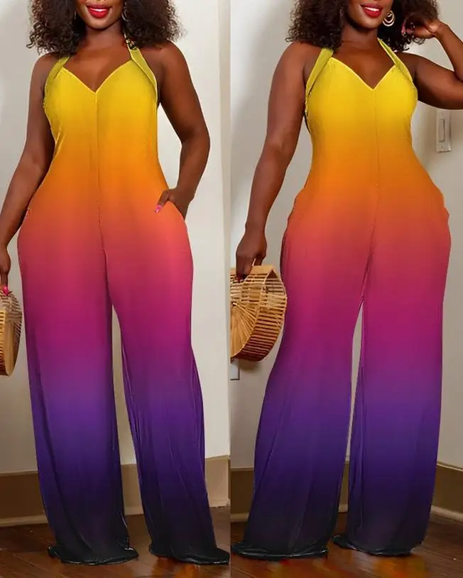 

Fashionable European and American Women's Jumpsuit 2023 New Sexy V-Neck Gradient Ombre Halter Backless Wide Leg Jumpsuit