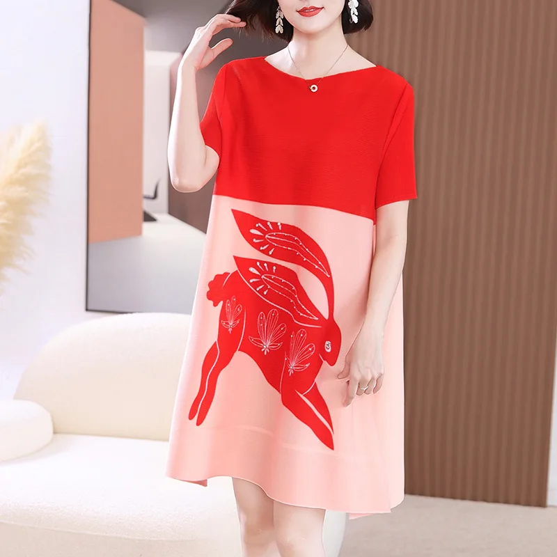 

Miyake Red Skirt Women's Summer New Young Mother Pleated Dress Temperament Plump Girls Loose Large Size Mothers' Wedding Dress