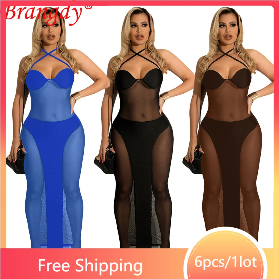 

Женское летнее Сетчатое платье, 6 шт., модный однотонный комплект без рукавов, длиной до щиколотки, клубные платья, оптовая продажа одежды B9456