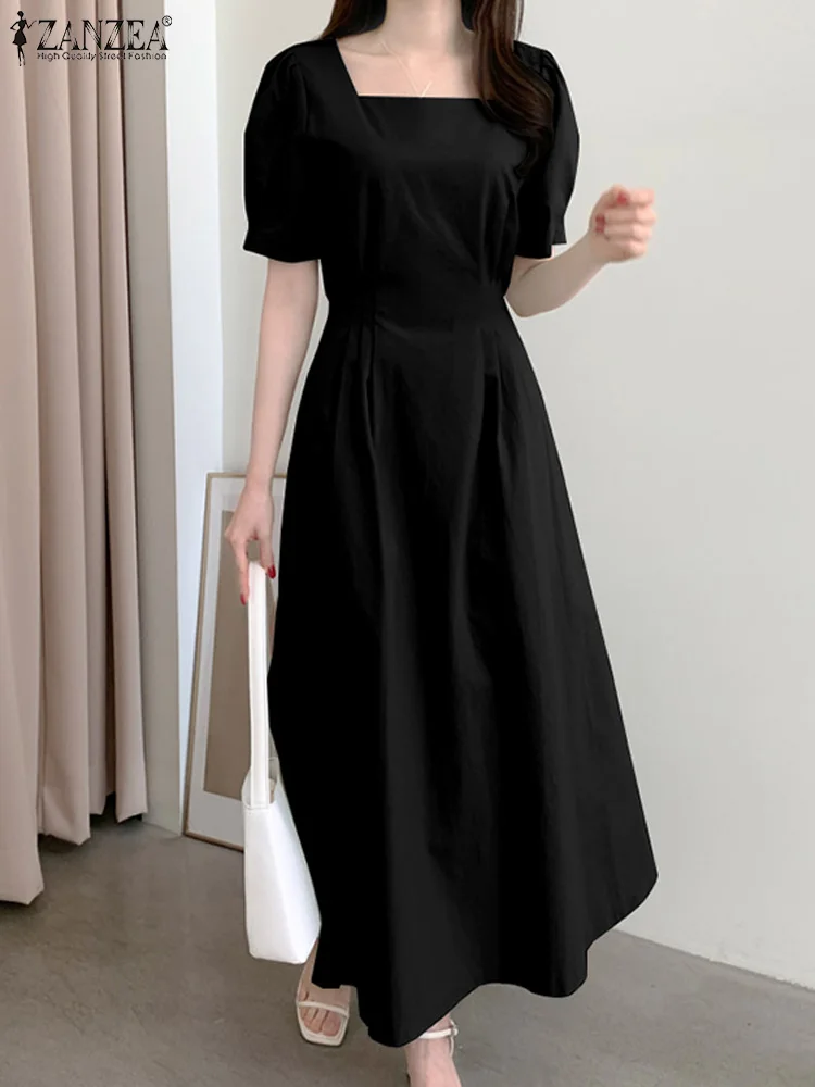 

Летнее Стильное однотонное платье-миди ZANZEA 2022, повседневное тонкое элегантное платье с коротким рукавом и квадратным вырезом