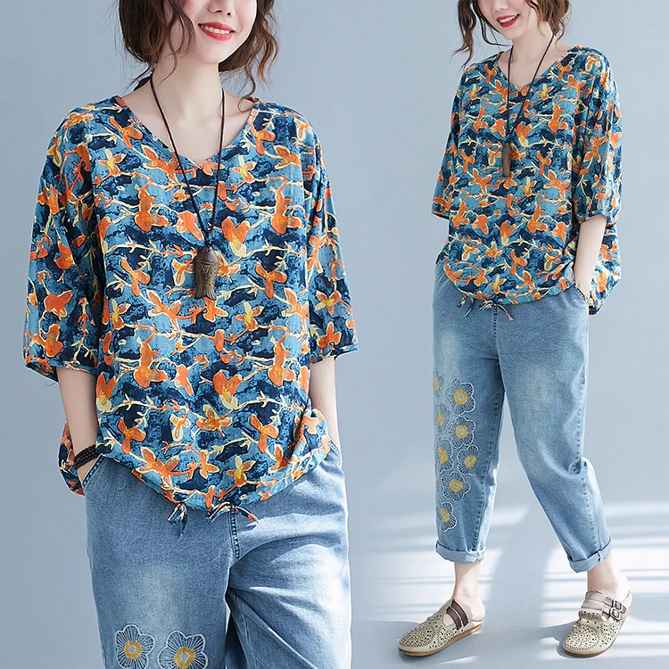 

Summer Printed Art T-shirt Cotton Linen Women's Loose Slim V-neck Versatile Top