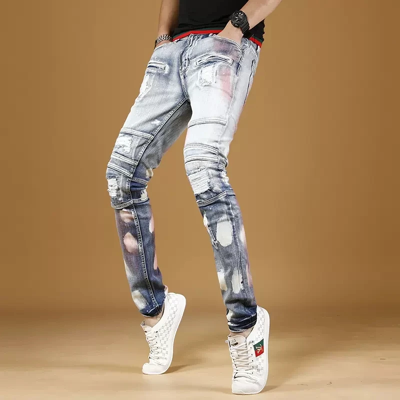Summer Light Blue Ripped Jeans Men Streetwear Printed Slim Fit Straight Pants Casual Biker Stretch Denim Trousers