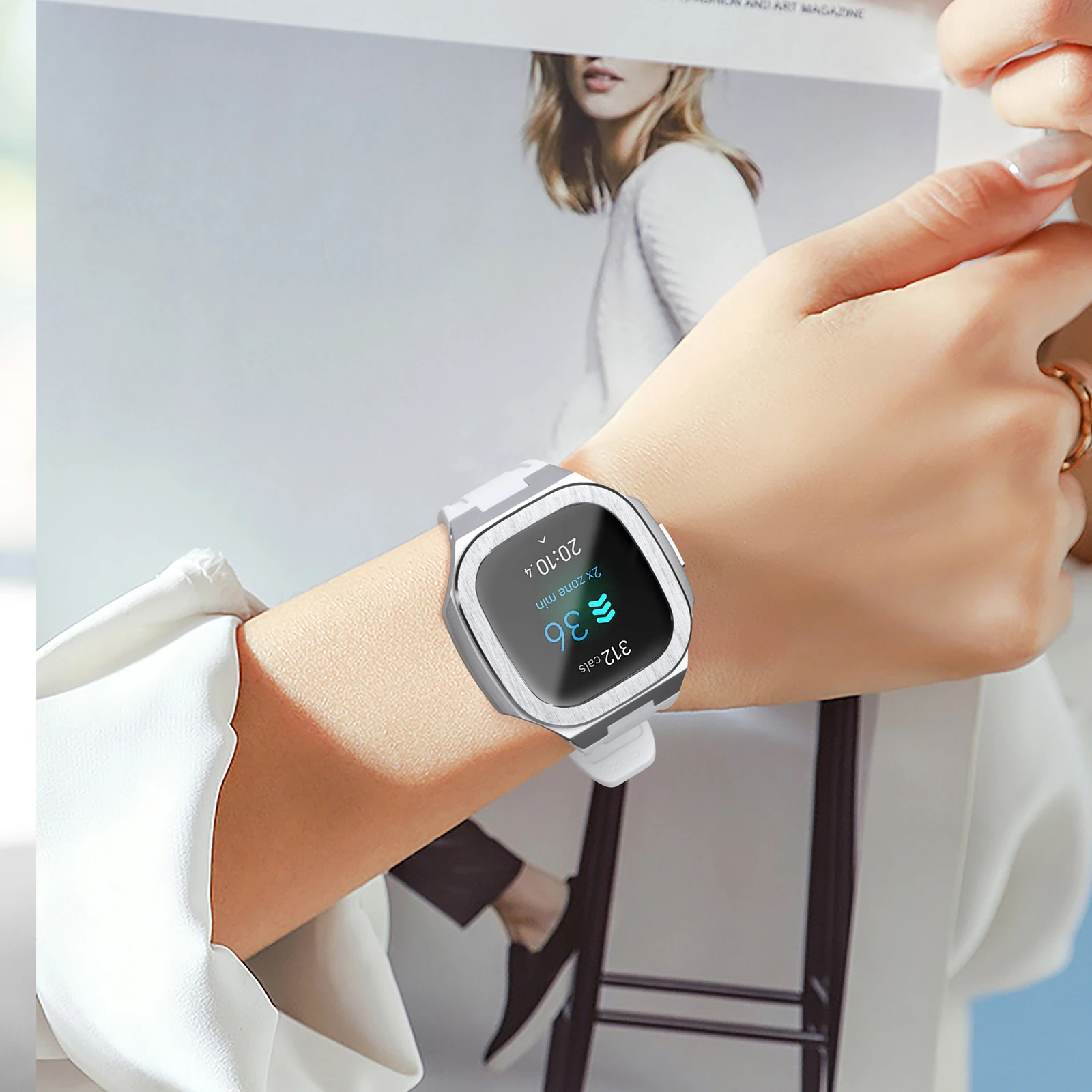 Latest Modification Kit Fitbit Watch for Sense Versa 3 Rubber Strap Metal Nautilus Protective Case Band for Fitbit Versa3 Sense