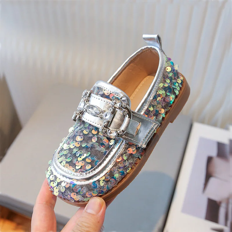 

Girls' Sequin Designer Loafer Shoes Slip on Kids Hoop & Loop Leather Shoe Casual for 2023 Autumn Children Daily Footwear 23-33