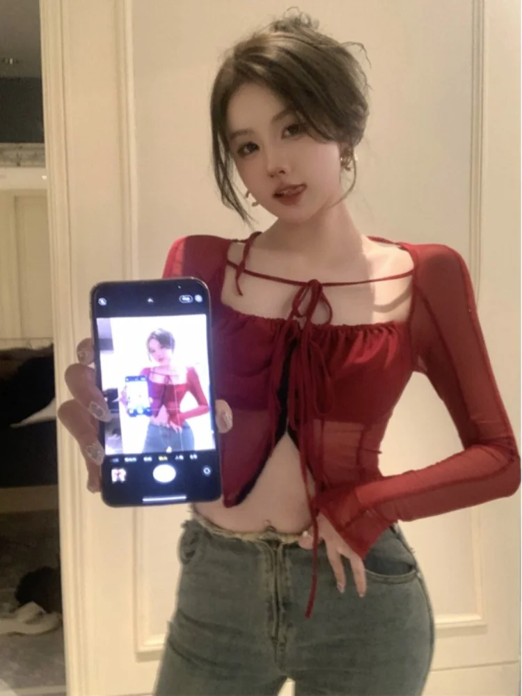 Pure Desire Tea Art Сетка Прозрачный квадратный воротник на шнуровке Сексуальная