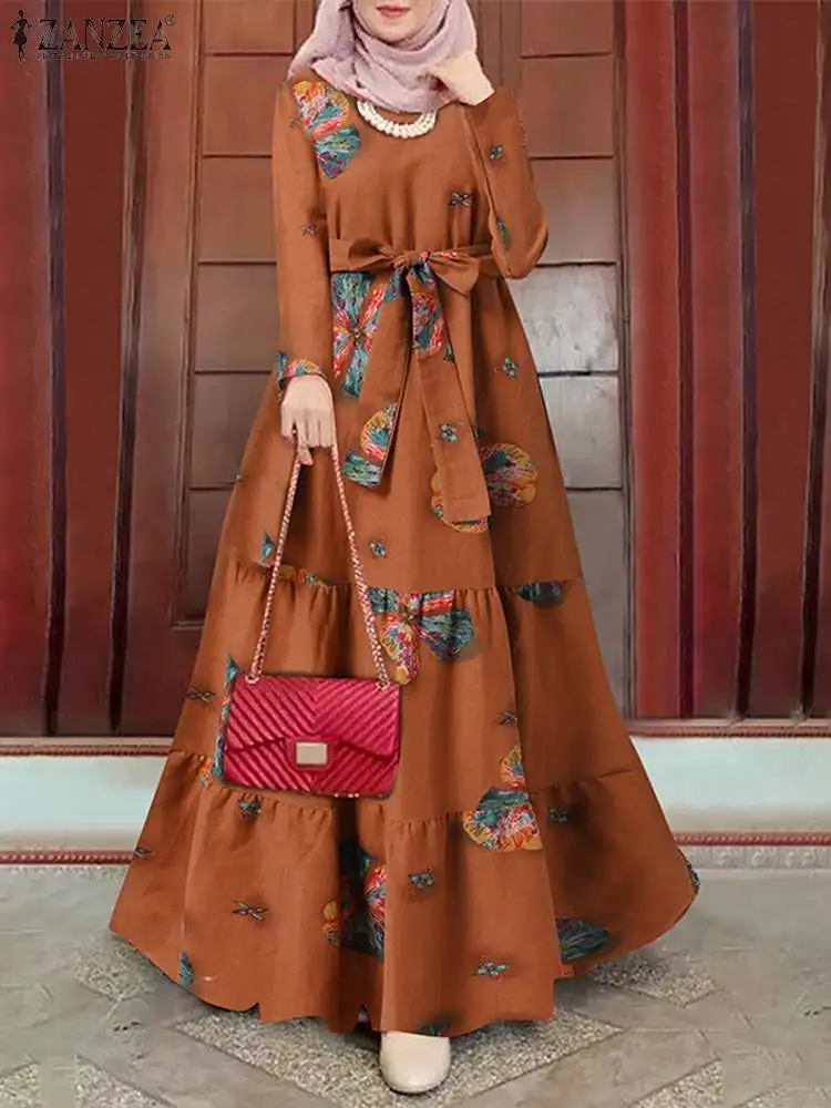 

Kaftan Women Printed Sundress ZANZEA Elegant Floral Muslim Dress Turkey Abaya Hijab Vestidos Belted Female Islam Clothing Robe