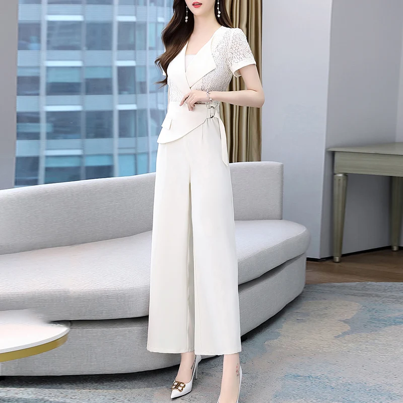 

Summer Office Lady Casual Jumpsuits Women Summer Rompers Lace Splice Playsuit Jumpsuit Wide Leg Loose Long Trousers Pants
