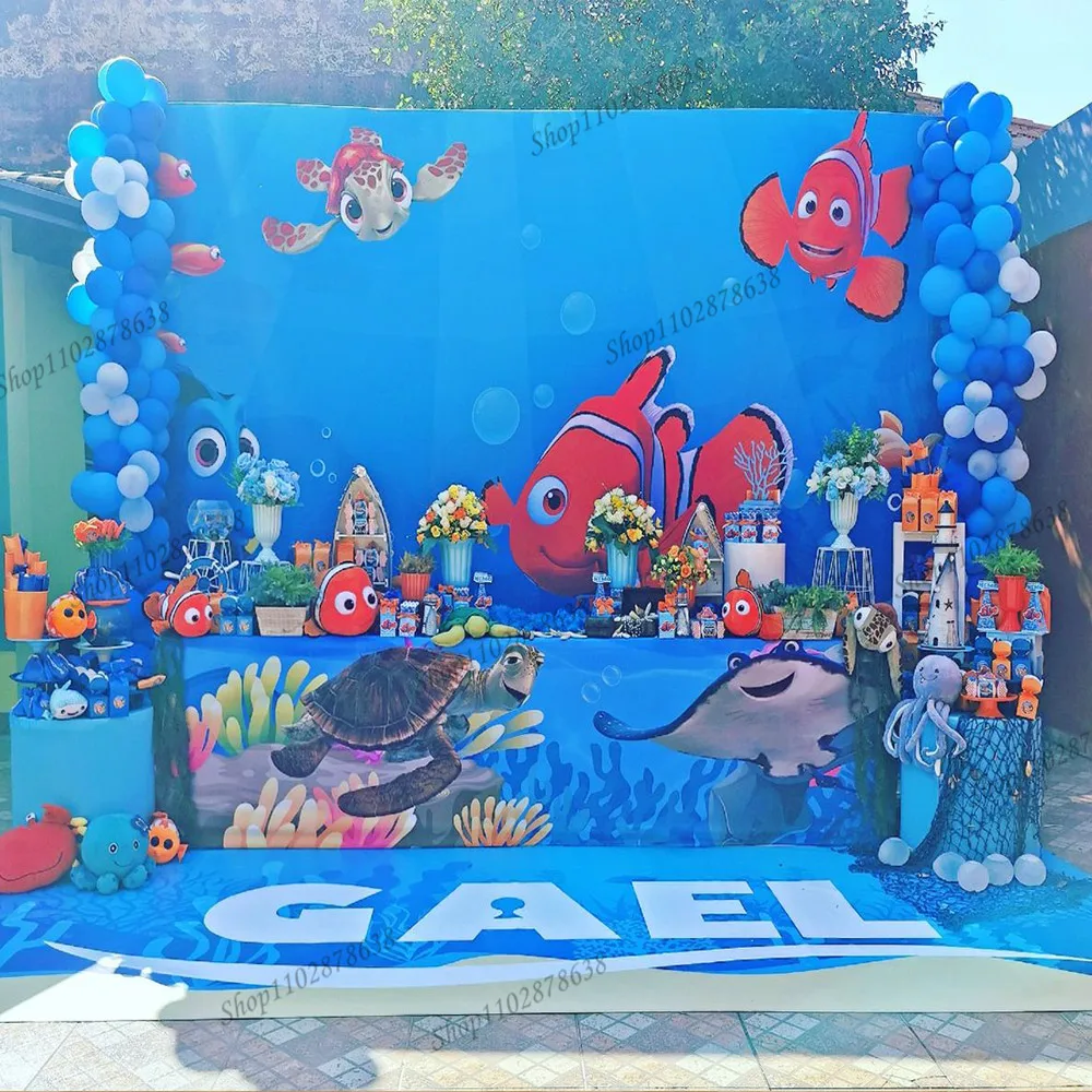 Фото Birthday Background Finding Nemo Marlin And Dory Theme For Kids Party  Backdrop Photocall Underwater Adventure Sea Turtle Banner №1