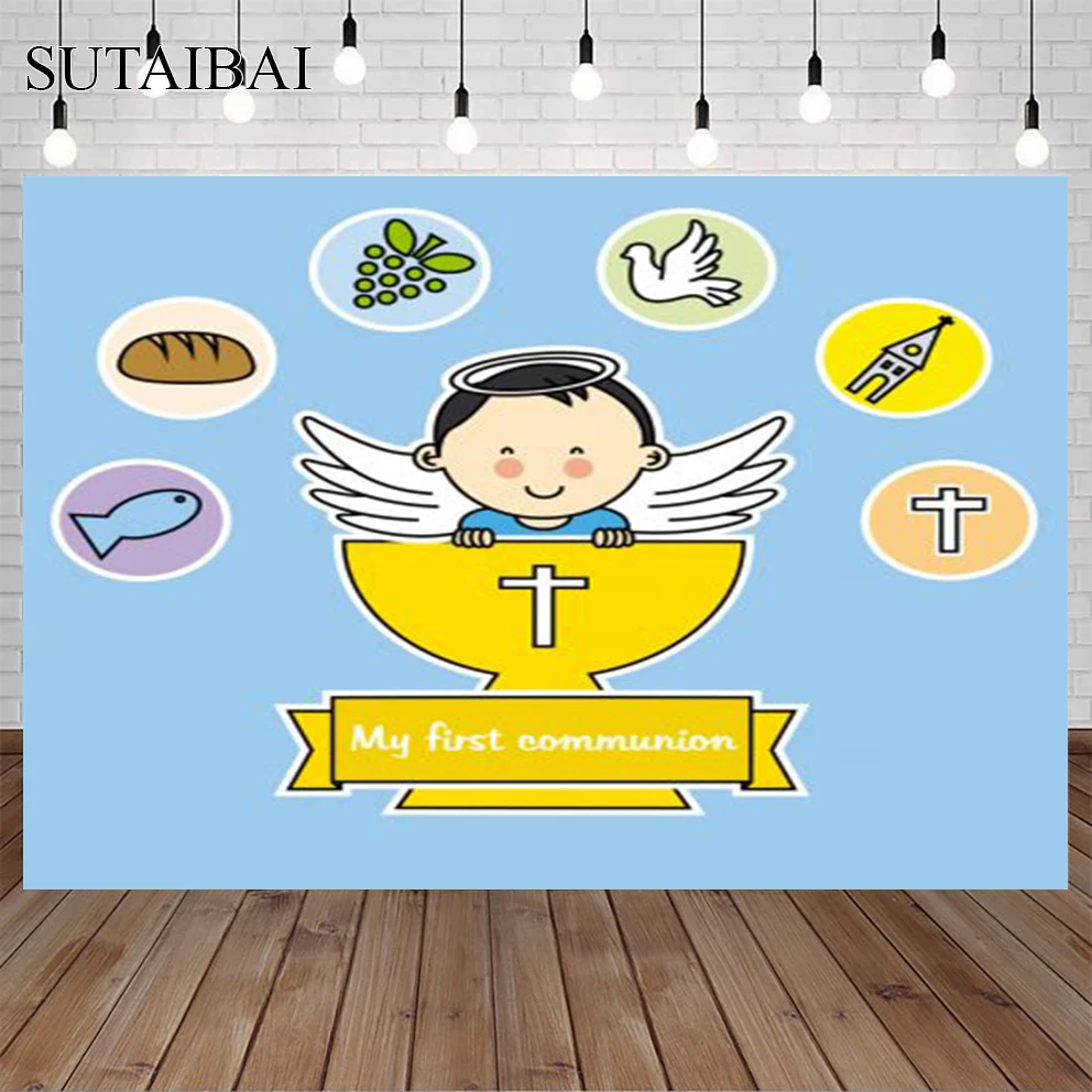 

My First Communion Theme Blue Background Photography Backdrop Photo Studio Booth Decoration Vinyl Cloth Photocall Supplies Prop