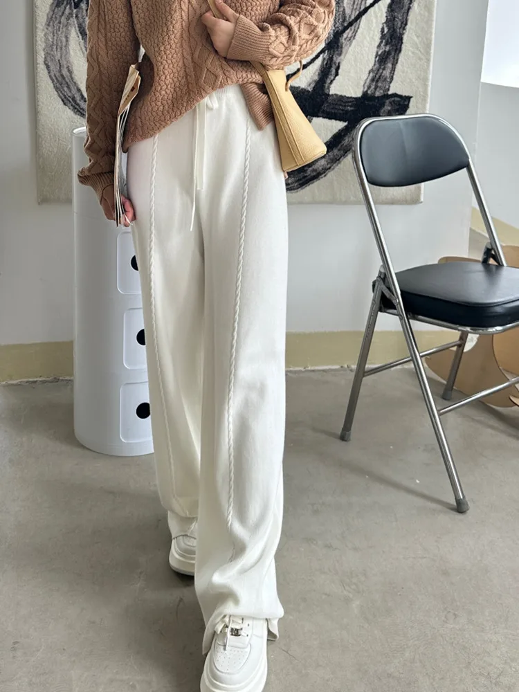 

Fall Winter Knitted Pants For Women Temperament High Quality Casual Style Solid Drawstring Wide Leg Pants Kintting Clothing