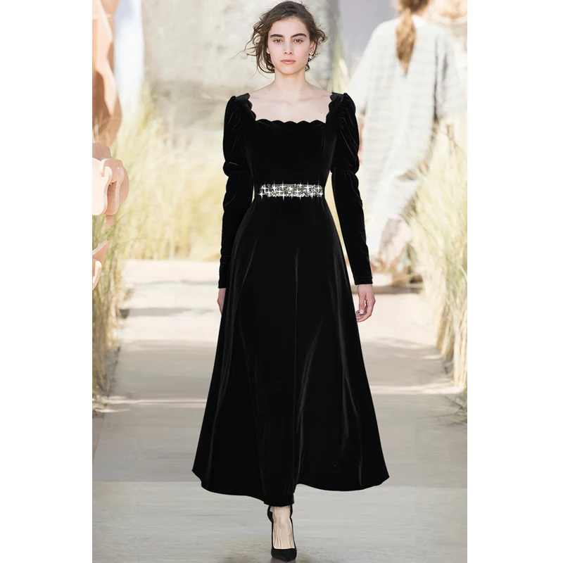 Janeyiren fashion runway fall/winter dress women collar high waist beaded long sleeved black velvet dress