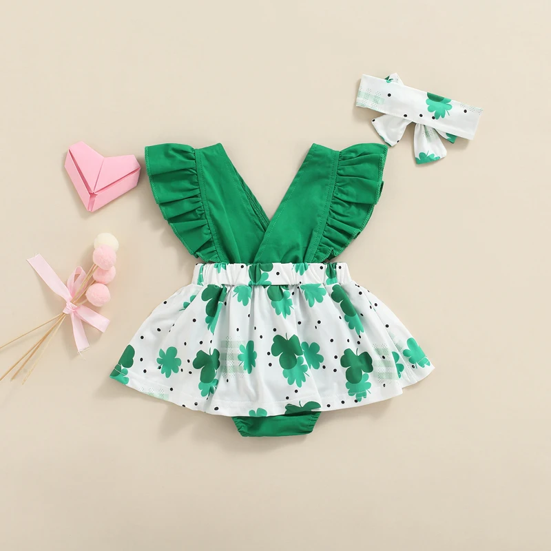 

Toddler Girls Summer Adorable Romper Ruffle Sleeve V Neck Backless Clover Print Playsuit + Headband