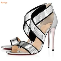 stiletto silver heels sandals bling bling fish skin pointed toe shoes party cover heel ladies sandals thin high heels