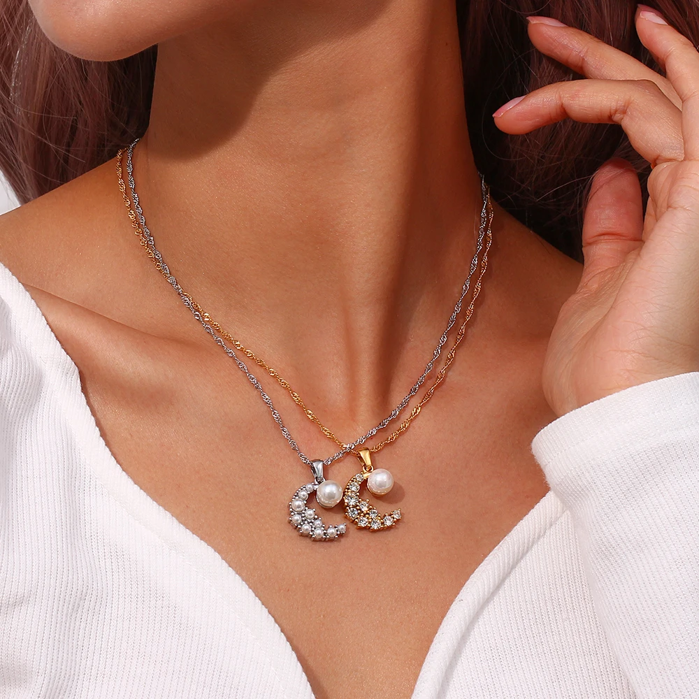 

New Design Elegant Inlaid Pearl Shiny Rhinestone Moon Pendant Necklaces 316L Stainless Steel 18K Gold Plated Jewelry for Women