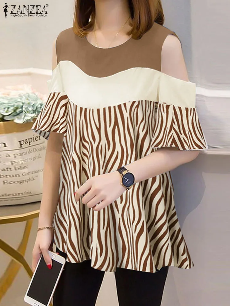 

ZANZEA Spring Stripe Patchwork Women Blouse Femme Stylish Elegant Casual Holiday Top Short Sleeve Button O-Neck Holiday Shirt
