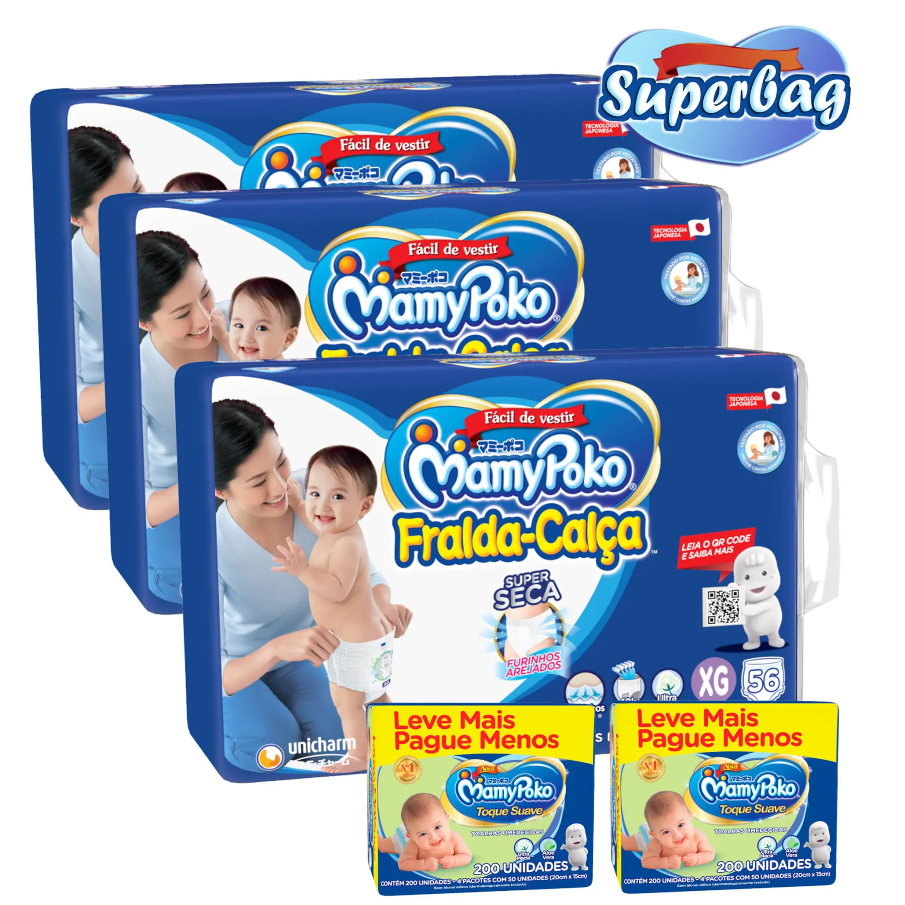 

Kit 03 Super Bag BREAKFLOW Disposable Mamypoko XG -168 Units + 400 Wet Wipes