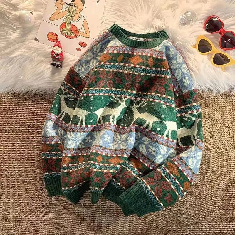 Christmas Reindeer Sweater Deer Knitted Oversized Pullover Soft and Warm Quality Harajuku O-Neck Retro Casual Men's Clothing