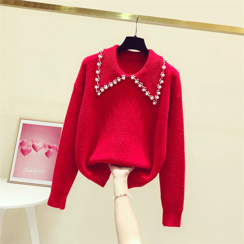 

Женский трикотажный пуловер с бусинами, Красная Вязаная пуловер с воротником кукла, повседневный Однотонный свитер, пальто для осени и зимы