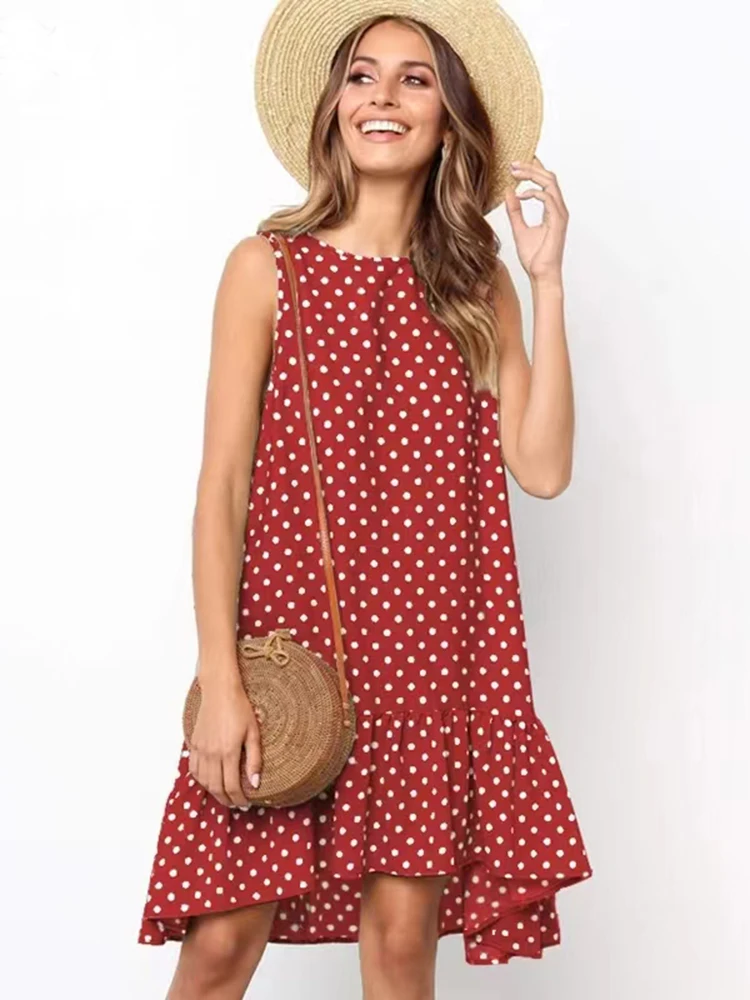 

Casual Polka Dot Printing Summer Mini Dress Women Chiffon Sleeveless Beach Sundress 2022 Fashion Loose Ruffles Dress For Women