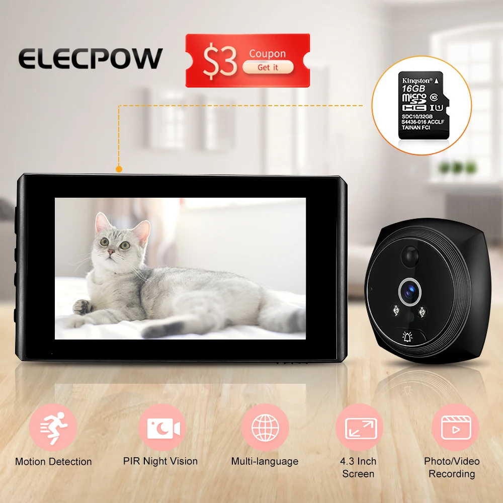 

Elecpow 4.3 Inch Smart Home Peephole Doorbell Door Camera 140° HD PIR Infrared Night Vision Motion Detection Monitor Door Bell