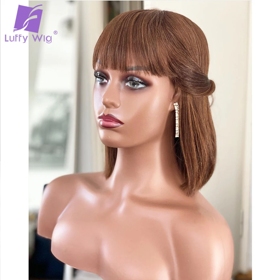 Ombre Blonde Brown Straight Human Hair Wig With Bangs Full Machine Made Scalp Top Wig 200 Density Remy Brazilian Glueless Wigs