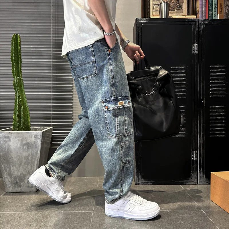 Street Fashion Men Jeans Loose Fit Retro Blue Big Pocket Casual Denim Cargo Pants Hombre Hip Hop Harem Jeans Wide Leg Trousers
