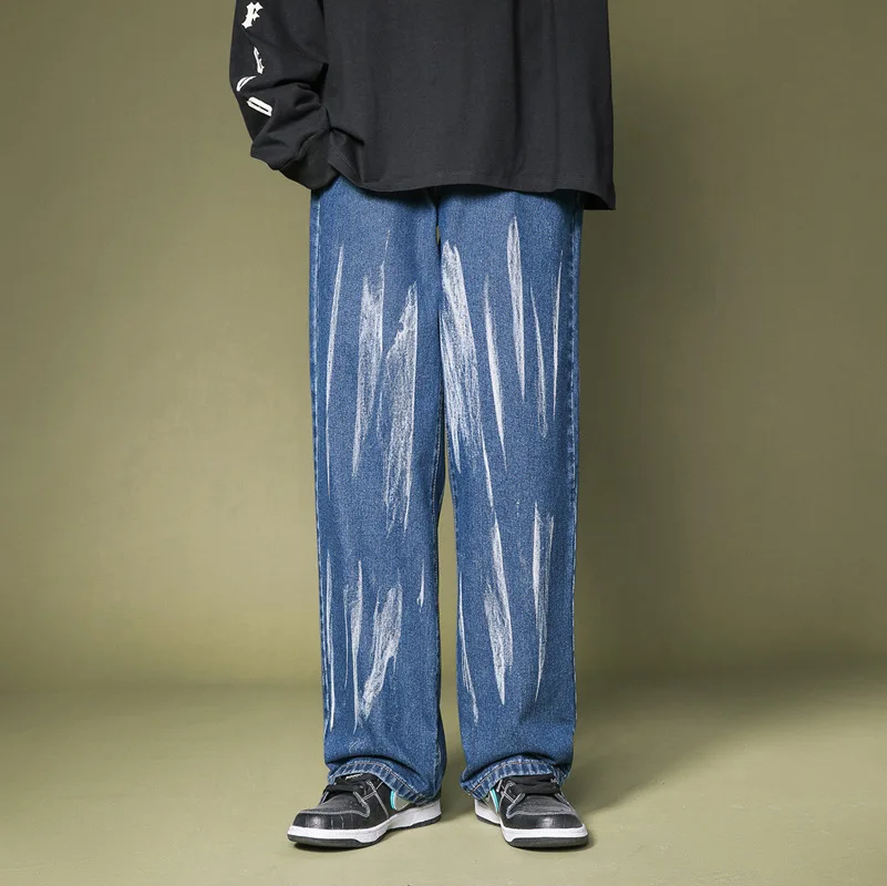 New Men's Jeans Men's Fall/winter Loose Straight Print High Street Wide-leg Pants Black Jeans Streetwear Men Wear штаны мужские